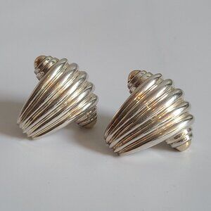 KRYPELL 925 Silver 14K yellow gold, Vintage Two Fluted Shell Omega Earrings 585
